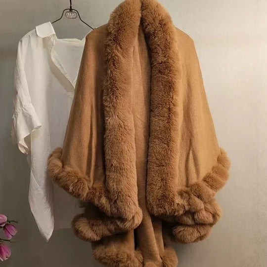 Stylish Knitted Cape For Women With Furry Collar - Warm Autumn &amp; Winter Outerwear - Allen-Fitness