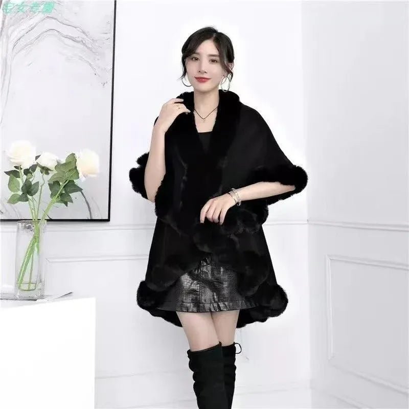 Stylish Knitted Cape For Women With Furry Collar - Warm Autumn &amp; Winter Outerwear - Allen-Fitness