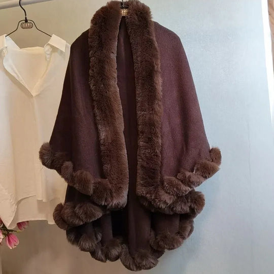 Stylish Knitted Cape For Women With Furry Collar - Warm Autumn &amp; Winter Outerwear - Allen-Fitness