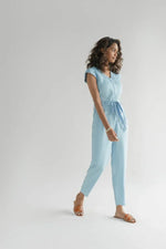 Stylish Tencel Jumpsuit for Women | V-Neck, Micro Sleeves, and Pocket Details in Blue Denim - Allen-Fitness