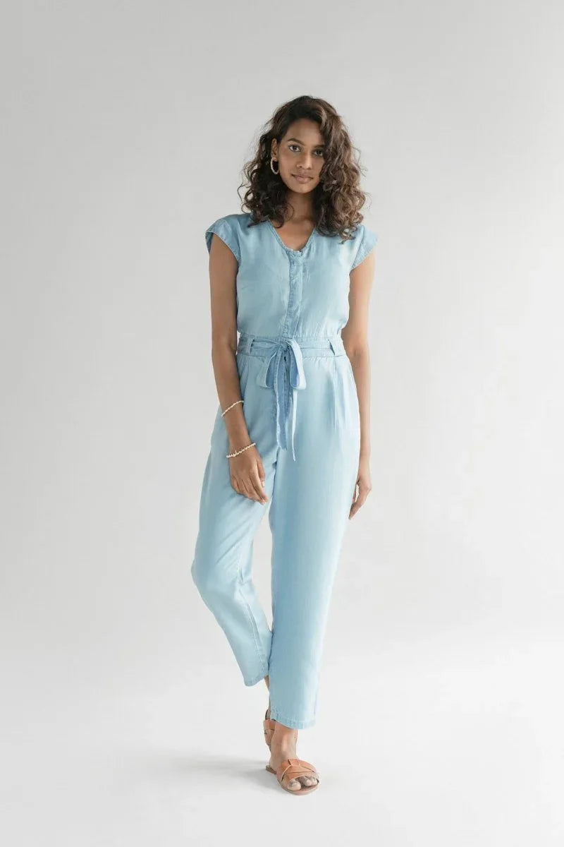 Stylish Tencel Jumpsuit for Women | V-Neck, Micro Sleeves, and Pocket Details in Blue Denim - Allen-Fitness