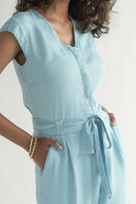 Stylish Tencel Jumpsuit for Women | V-Neck, Micro Sleeves, and Pocket Details in Blue Denim - Allen-Fitness