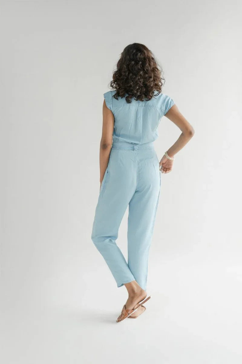 Stylish Tencel Jumpsuit for Women | V-Neck, Micro Sleeves, and Pocket Details in Blue Denim - Allen-Fitness