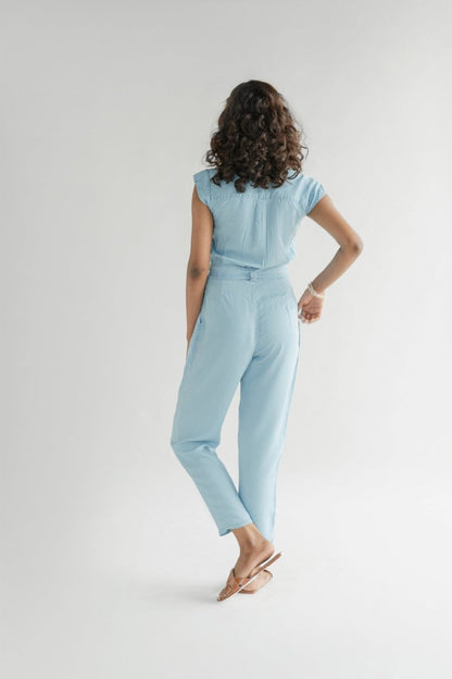 Stylish Tencel Jumpsuit for Women | V - Neck, Micro Sleeves, and Pocket Details in Blue Denim - Allen - Fitness