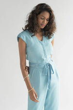 Stylish Tencel Jumpsuit for Women | V-Neck, Micro Sleeves, and Pocket Details in Blue Denim - Allen-Fitness