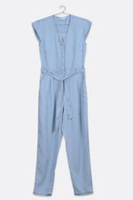 Stylish Tencel Jumpsuit for Women | V-Neck, Micro Sleeves, and Pocket Details in Blue Denim - Allen-Fitness