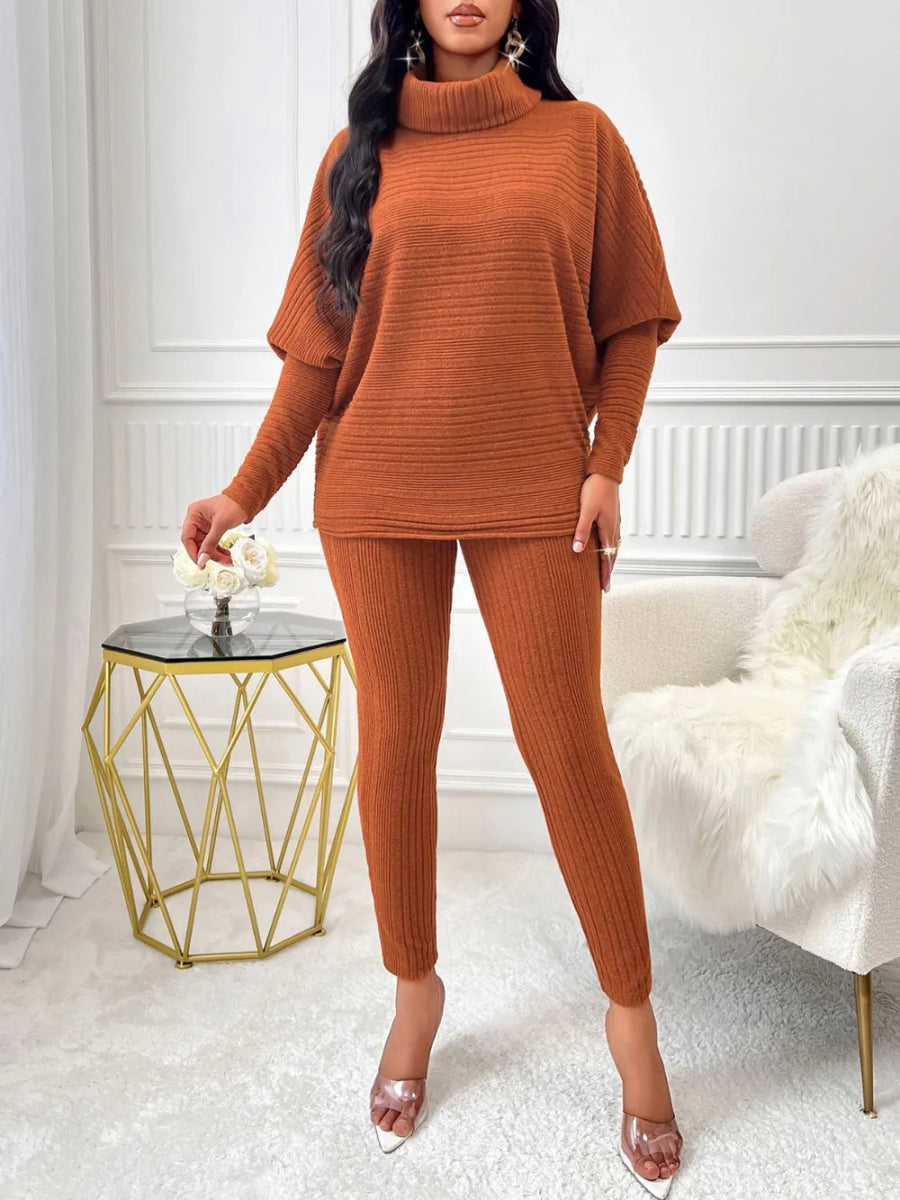 Stylish Turtleneck Top Set with Batwing Sleeves and Relaxed Fit Pants - Kenike - Allen - Fitness