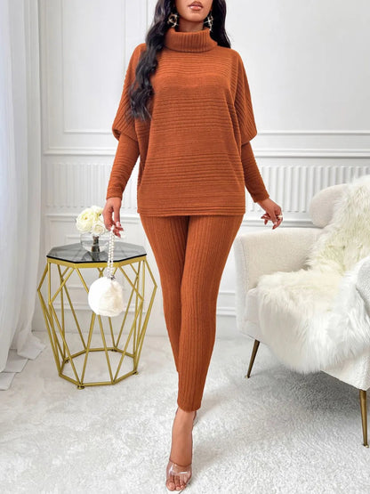Stylish Turtleneck Top Set with Batwing Sleeves and Relaxed Fit Pants - Kenike - Allen - Fitness