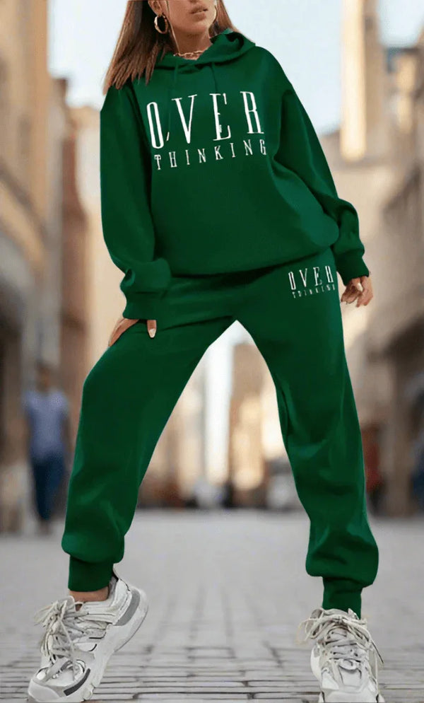 Men's Hooded Exercise Outfit - Thick Casual Long Sleeve Sweater and Trousers in Green