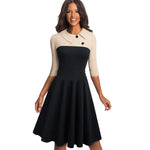Three-quarter Sleeve Slim-fit Commute Color Contrast Patchwork Lapel A- Line Dress - Allen-Fitness