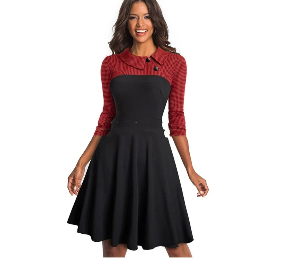 Three-quarter Sleeve Slim-fit Commute Color Contrast Patchwork Lapel A- Line Dress - Allen-Fitness