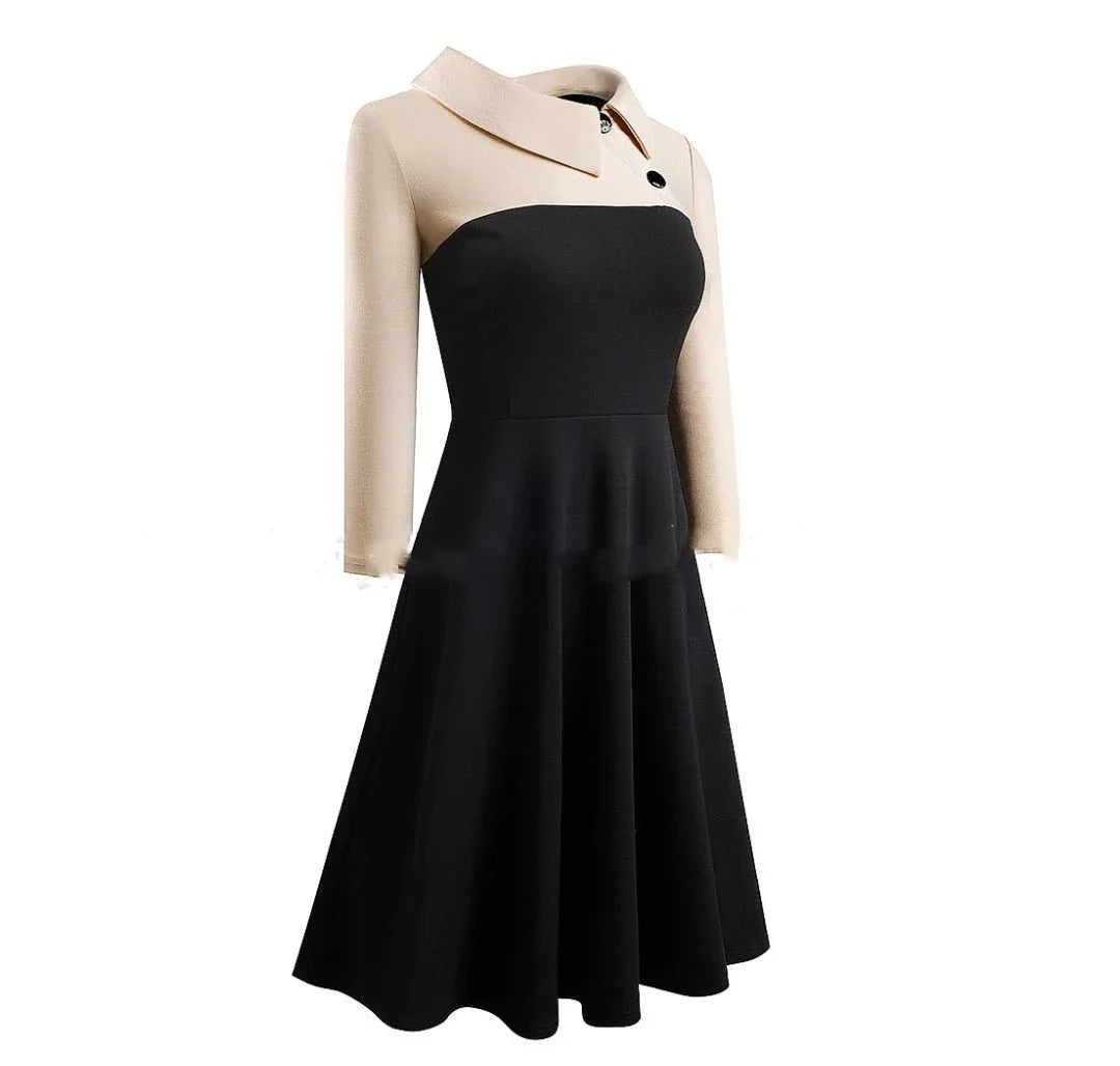 Three-quarter Sleeve Slim-fit Commute Color Contrast Patchwork Lapel A- Line Dress - Allen-Fitness