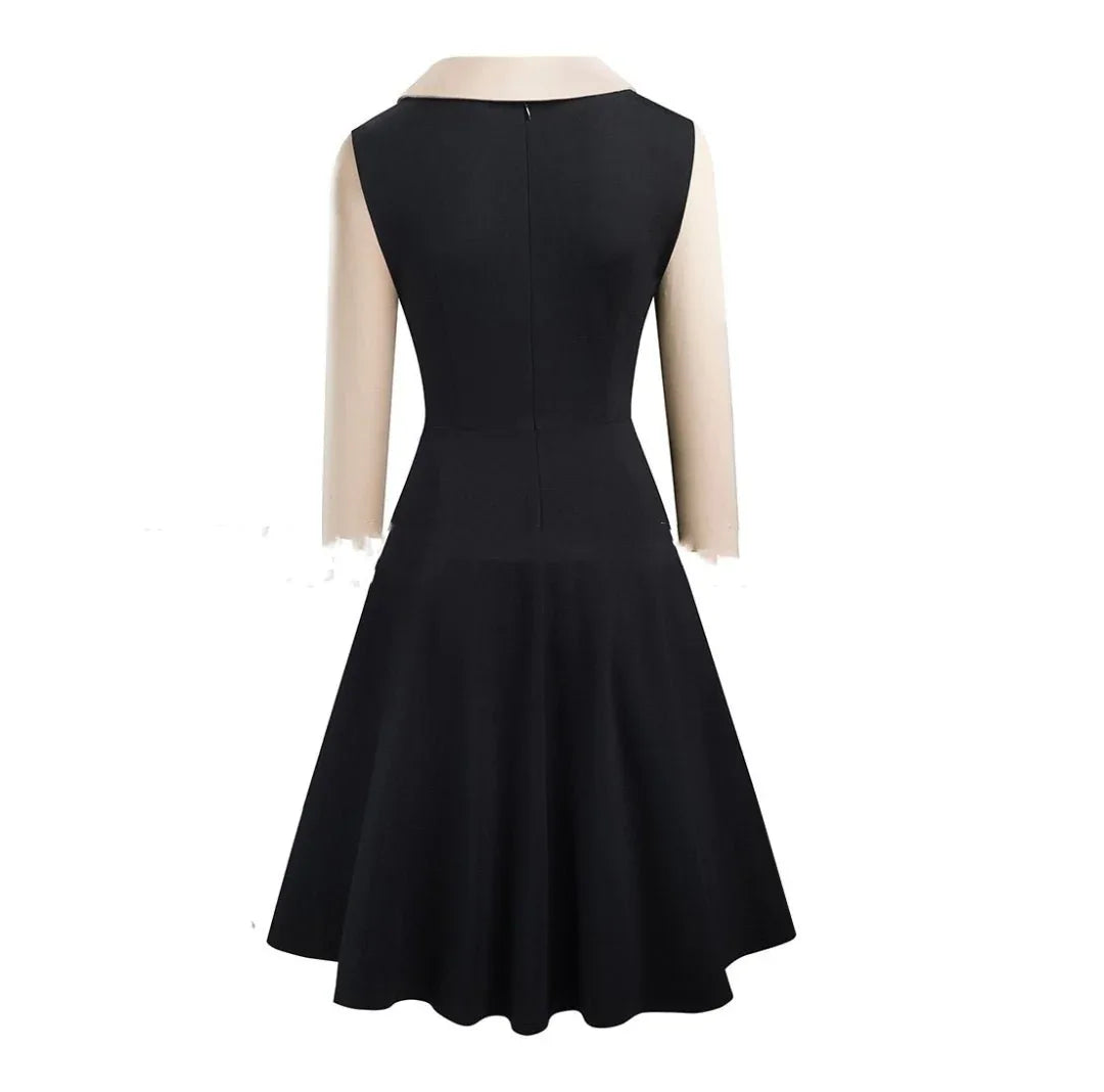 Three-quarter Sleeve Slim-fit Commute Color Contrast Patchwork Lapel A- Line Dress - Allen-Fitness