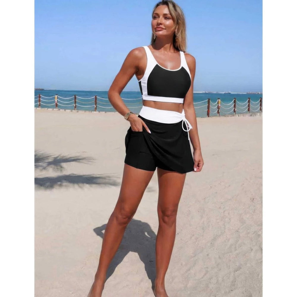Two Piece Color Block High Waist Tie Up Bikini - Premium Fitness & Activewear for Men & Women|UK