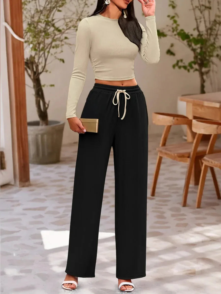 Two Piece Outfit for Lounging: Round Neck Long Sleeve Top and Soft Pants Set by Kenike - Allen-Fitness