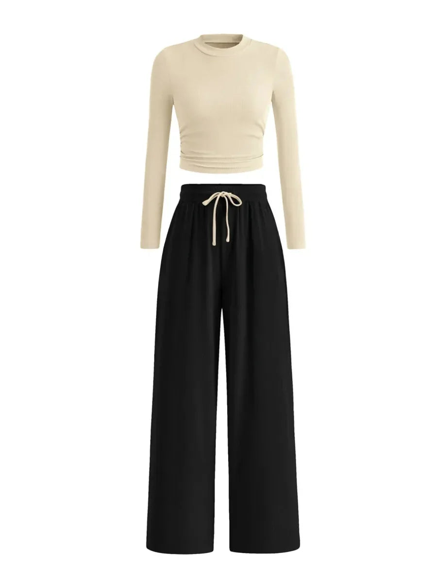 Two Piece Outfit for Lounging: Round Neck Long Sleeve Top and Soft Pants Set by Kenike - Allen-Fitness