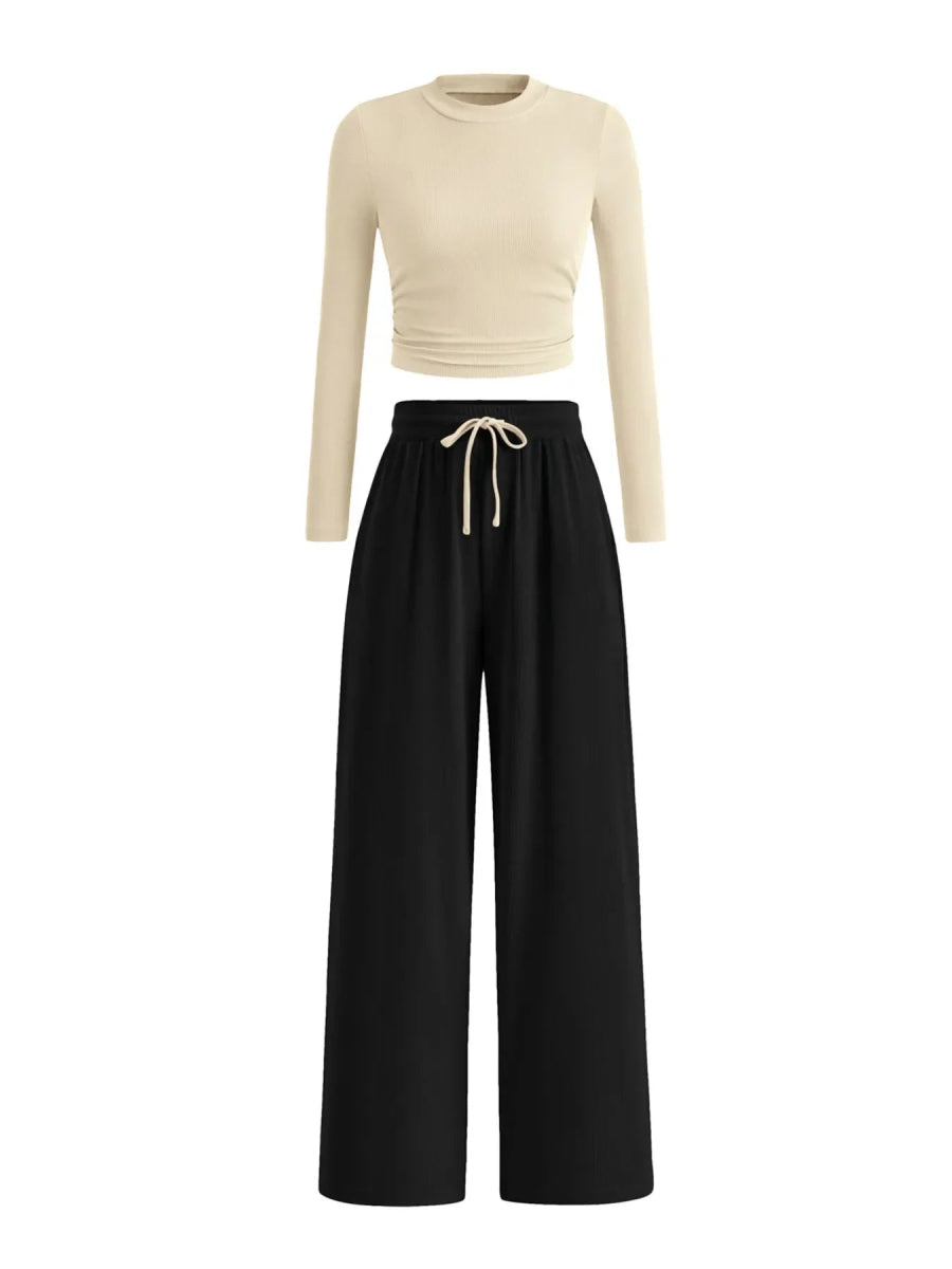 Two Piece Outfit for Lounging: Round Neck Long Sleeve Top and Soft Pants Set by Kenike - Allen - Fitness