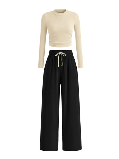 Two Piece Outfit for Lounging: Round Neck Long Sleeve Top and Soft Pants Set by Kenike - Allen - Fitness