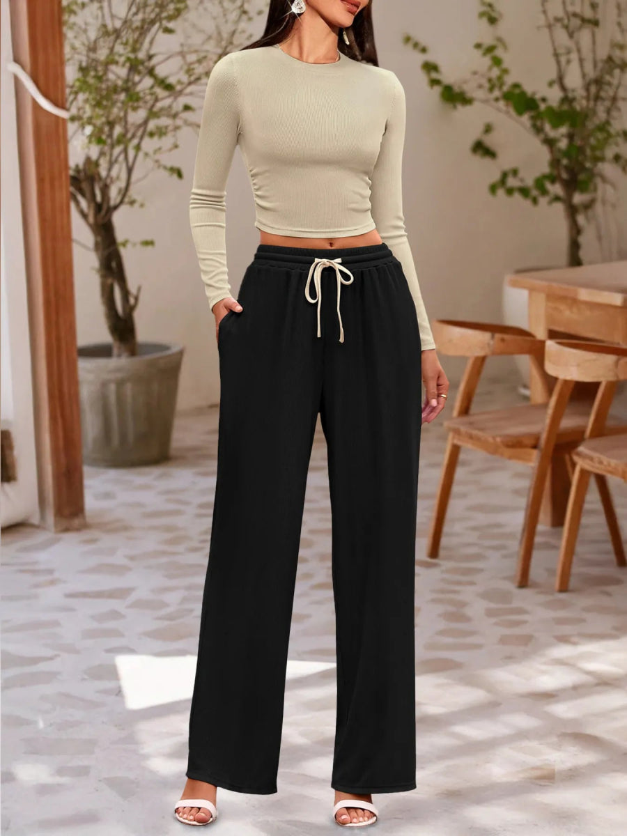 Two Piece Outfit for Lounging: Round Neck Long Sleeve Top and Soft Pants Set by Kenike - Allen - Fitness