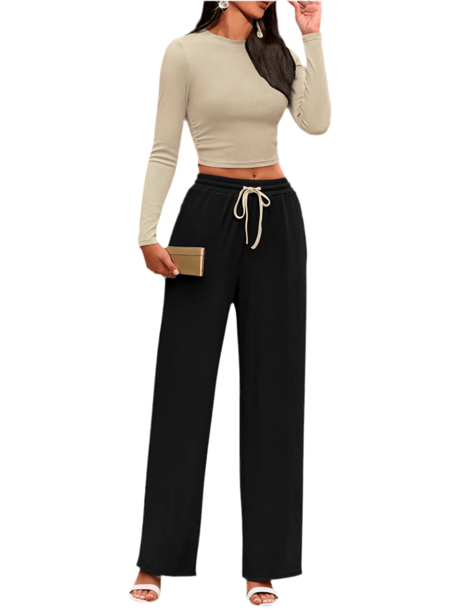 Two Piece Outfit for Lounging: Round Neck Long Sleeve Top and Soft Pants Set by Kenike - Allen - Fitness