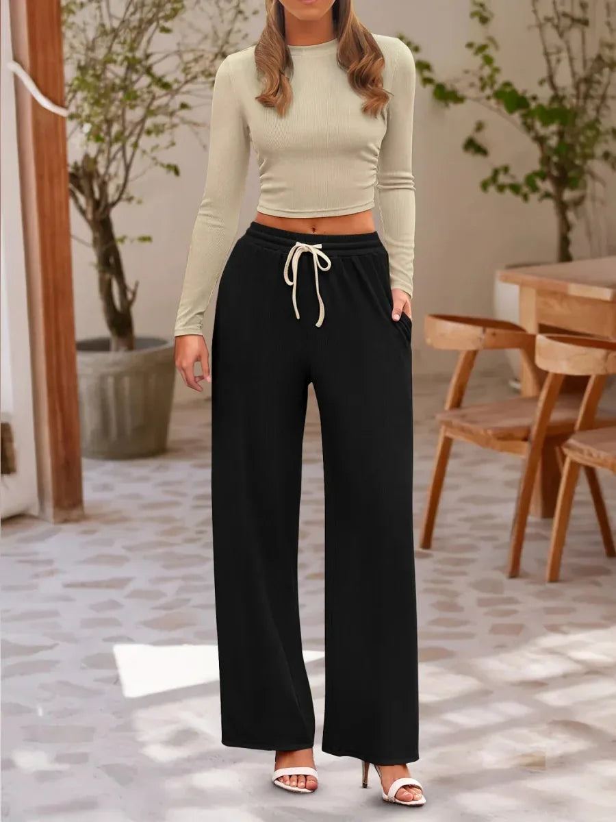 Two Piece Outfit for Lounging: Round Neck Long Sleeve Top and Soft Pants Set by Kenike - Allen-Fitness