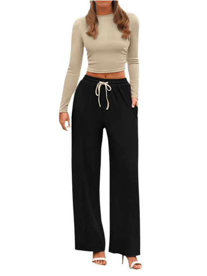 Two Piece Outfit for Lounging: Round Neck Long Sleeve Top and Soft Pants Set by Kenike - Allen - Fitness