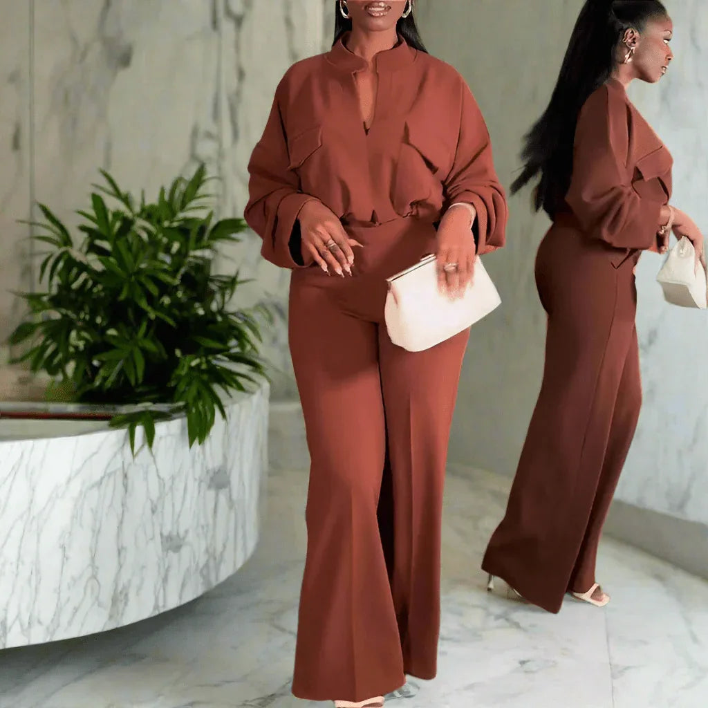 V-Neck Long Sleeve Polyester Top with Wide-Leg Trousers Suit in Light Brown & Purple - Allen-Fitness