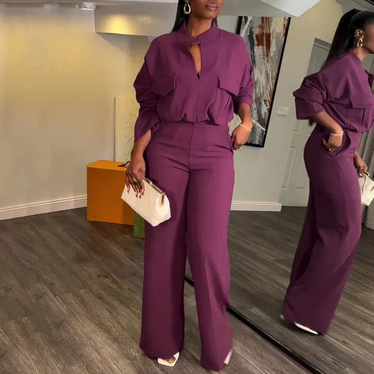 V-Neck Long Sleeve Polyester Top with Wide-Leg Trousers Suit in Light Brown &amp; Purple - Allen-Fitness