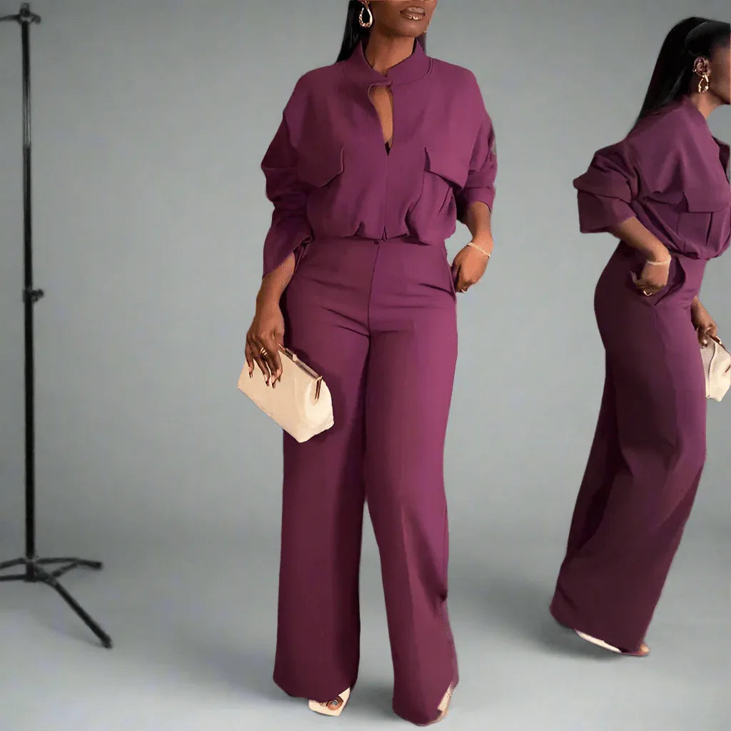 V-Neck Long Sleeve Polyester Top with Wide-Leg Trousers Suit in Light Brown &amp; Purple - Allen-Fitness