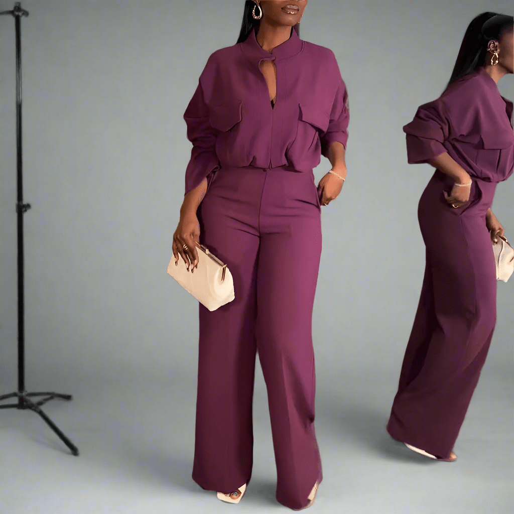 V - Neck Long Sleeve Polyester Top with Wide - Leg Trousers Suit in Light Brown & Purple - Allen - Fitness