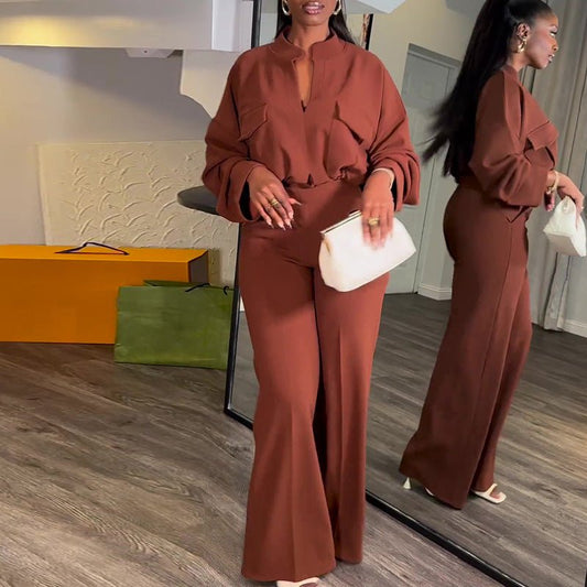V - Neck Long Sleeve Polyester Top with Wide - Leg Trousers Suit in Light Brown & Purple - Allen - Fitness