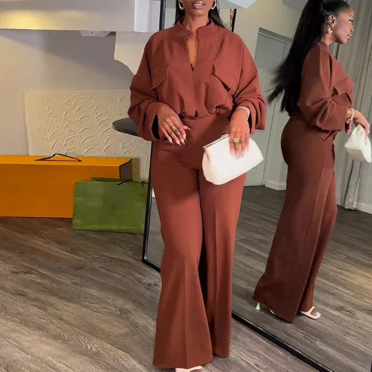 V-Neck Long Sleeve Polyester Top with Wide-Leg Trousers Suit in Light Brown &amp; Purple - Allen-Fitness