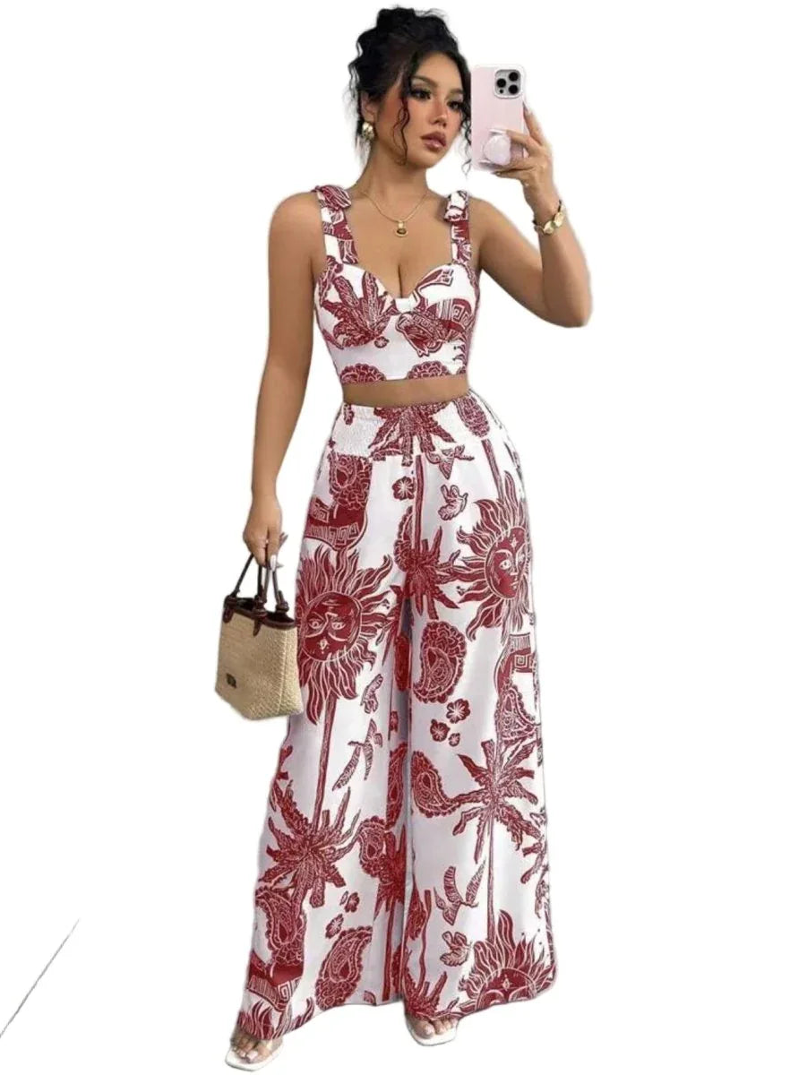 V-Neck Strap Vest and Dress Set, Loose Wide Leg Pants - Stylish Street Fashion Ensemble - Allen-Fitness