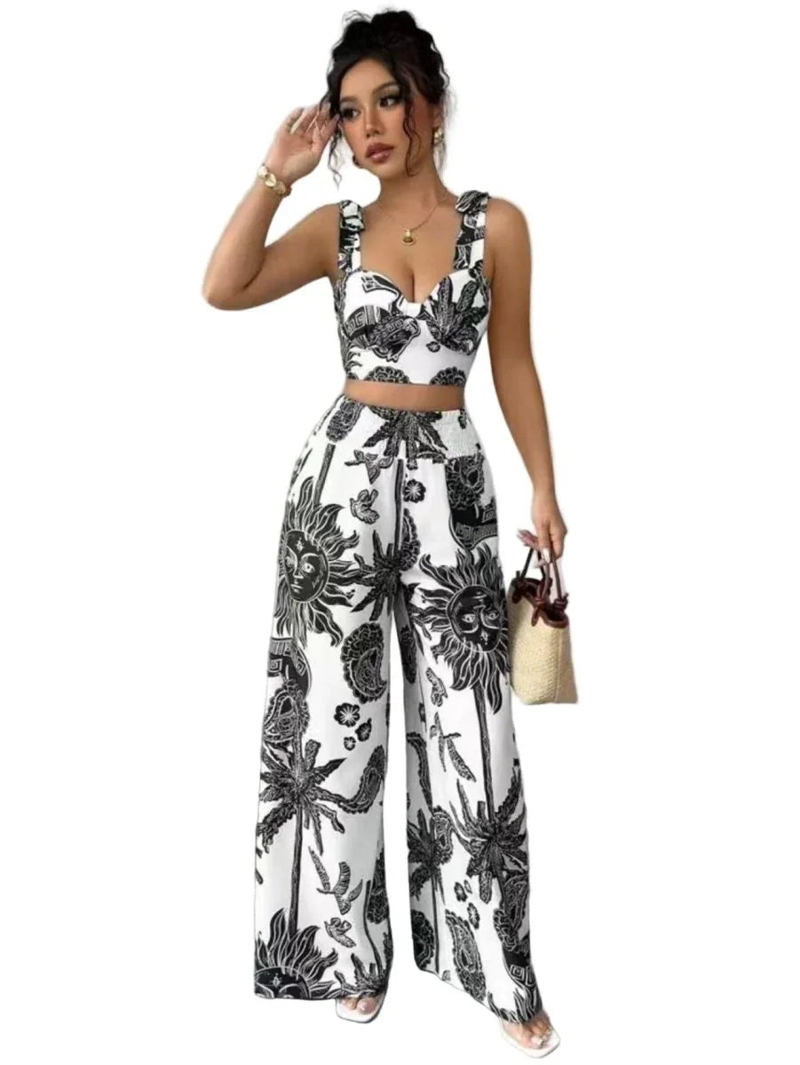 V-Neck Strap Vest and Dress Set, Loose Wide Leg Pants - Stylish Street Fashion Ensemble - Allen-Fitness