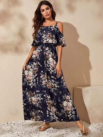 VCAY Cold Shoulder Flounce Foldover Floral Dress