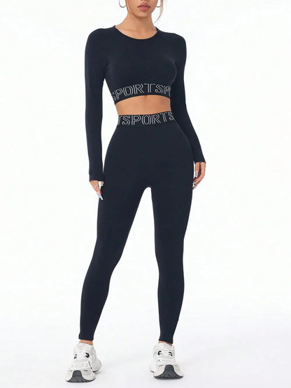 Versatile Activewear Set: Letter Print Round Neck Long Sleeve Top & Leggings for Comfort & Style - Allen - Fitness