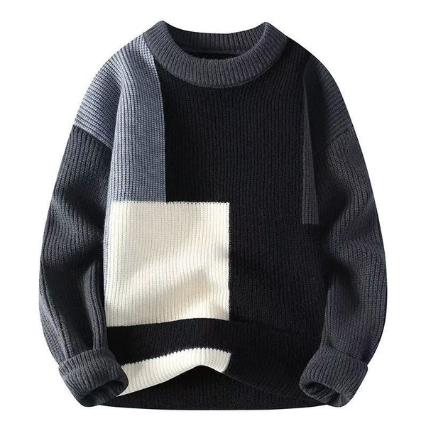 Vintage Casual Color Block Splicing Round Neck Loose Knit Sweater