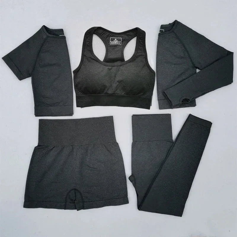 Yoga 5 piece yoga set workout sportswear customized private brand women seamless gym fitness set - Allen-Fitness