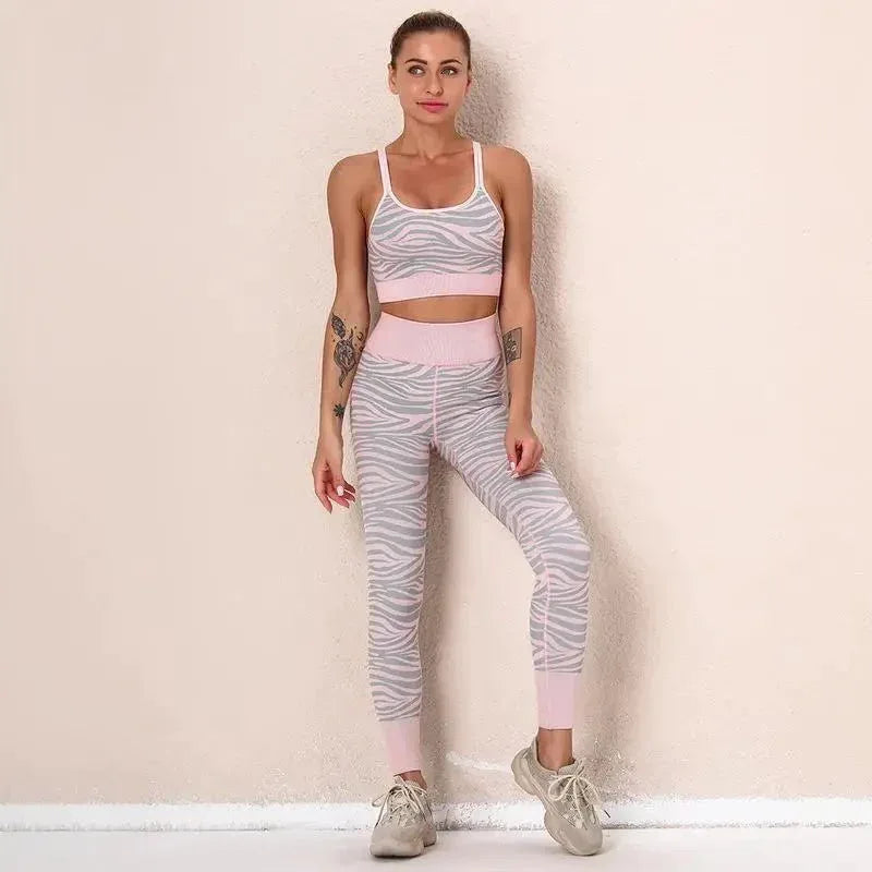 Woman tiger Stripe Print Seamless Bra Gym/Yoga Leggings Fitness Workout Set - Allen-Fitness