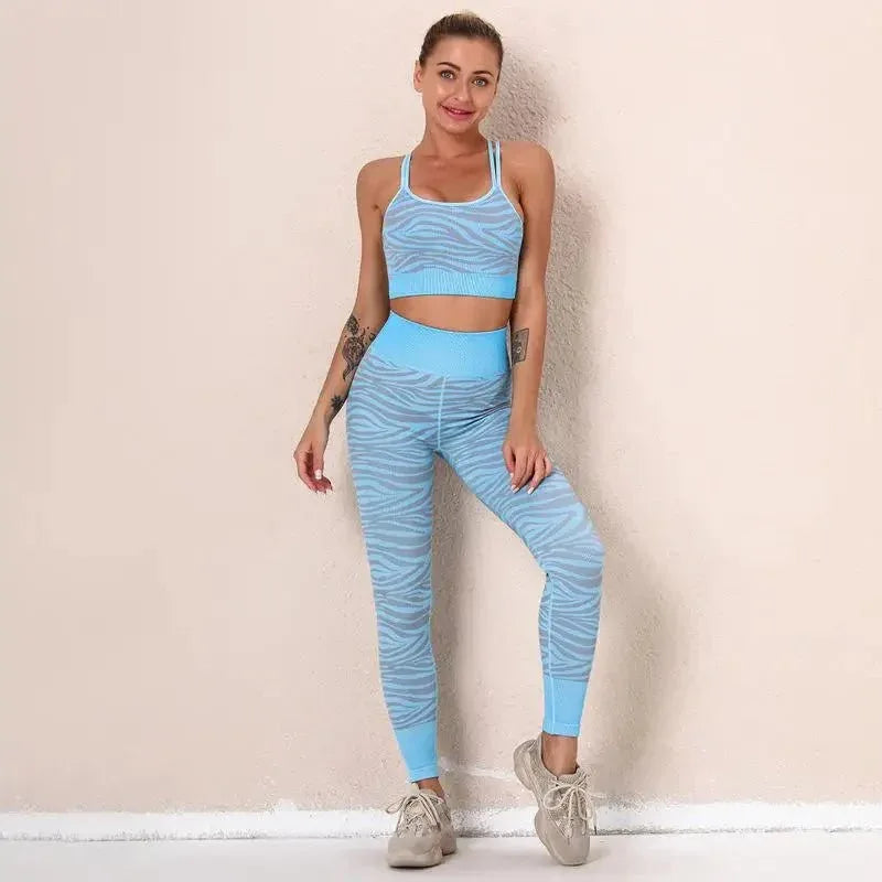 Woman tiger Stripe Print Seamless Bra Gym/Yoga Leggings Fitness Workout Set - Allen-Fitness