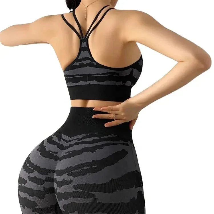 Woman tiger Stripe Print Seamless Bra Gym/Yoga Leggings Fitness Workout Set - Allen-Fitness