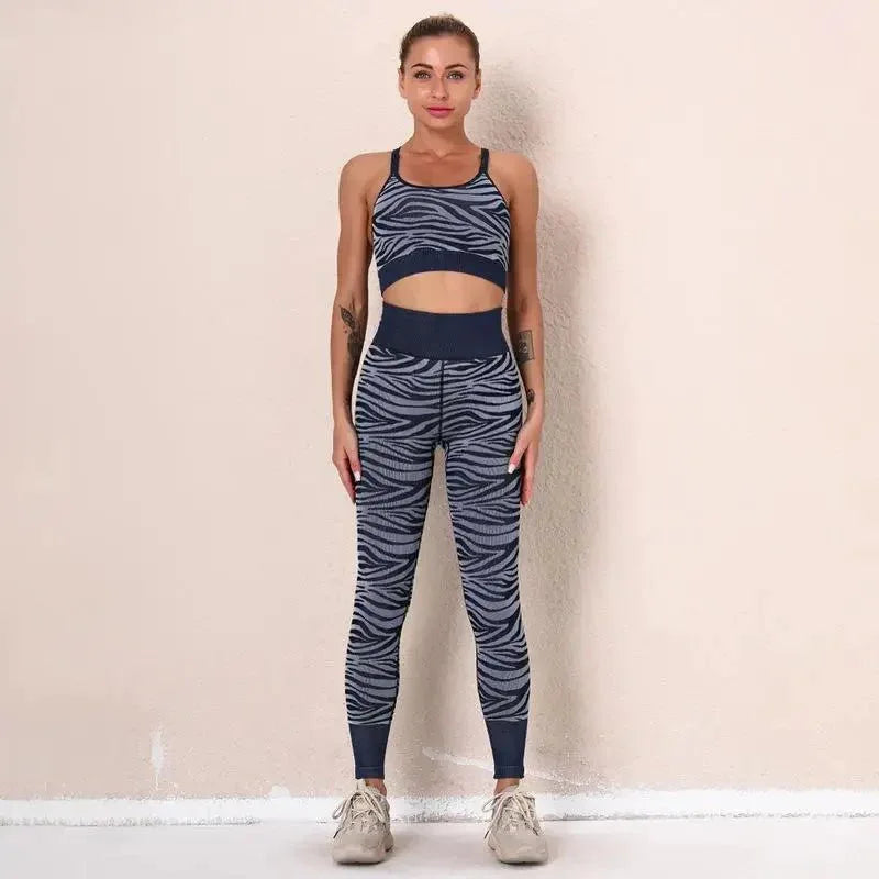 Woman tiger Stripe Print Seamless Bra Gym/Yoga Leggings Fitness Workout Set - Allen-Fitness