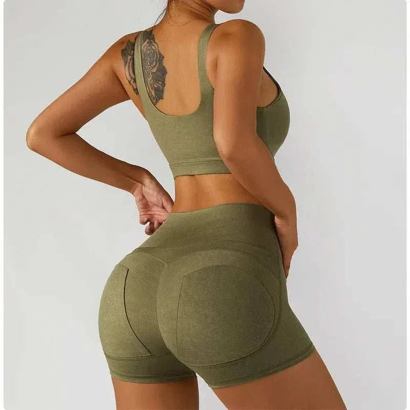 Women's Gym Wear 5 Piece Solid Seamless Compression Set with High Waist Leggings and Sports Bra - Allen-Fitness