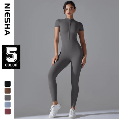 Women Yoga Jumpsuit with Front Zipper – Stylish Gym Fitness Wear for Running and Workouts - Allen - Fitness