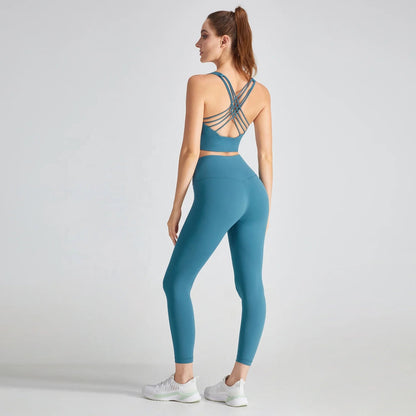 Women Yoga Set: 2 Pcs Backless Workout Bra and High Waist Gym Leggings for Ultimate Comfort.