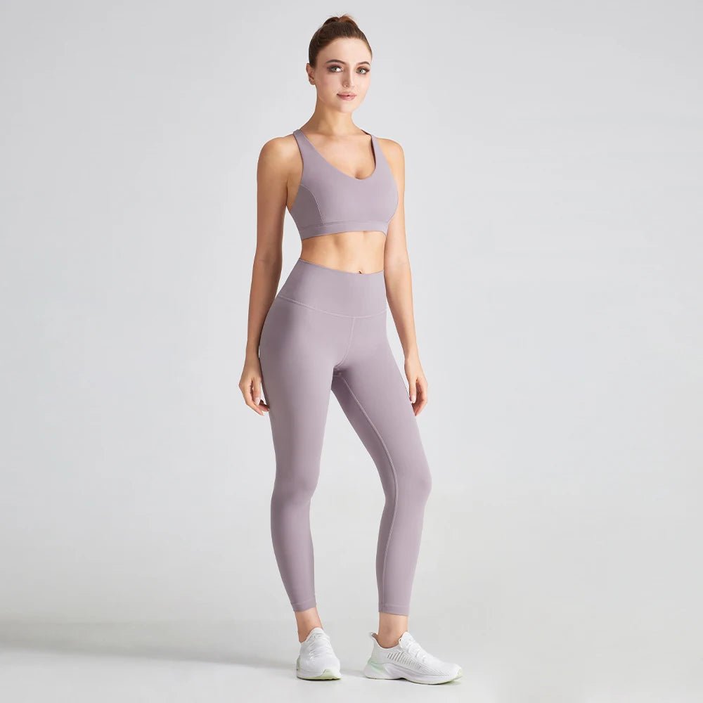Women Yoga Set: 2 Pcs Backless Workout Bra and High Waist Gym Leggings for Ultimate Comfort.