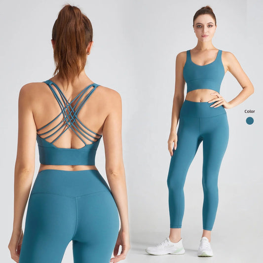 Women Yoga Set: 2 Pcs Backless Workout Bra and High Waist Gym Leggings for Ultimate Comfort.