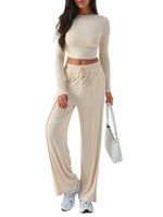 Women’s 2-Piece Wide-Leg Trousers Suit - Chic Solid Color Set for Casual Elegance - Allen-Fitness