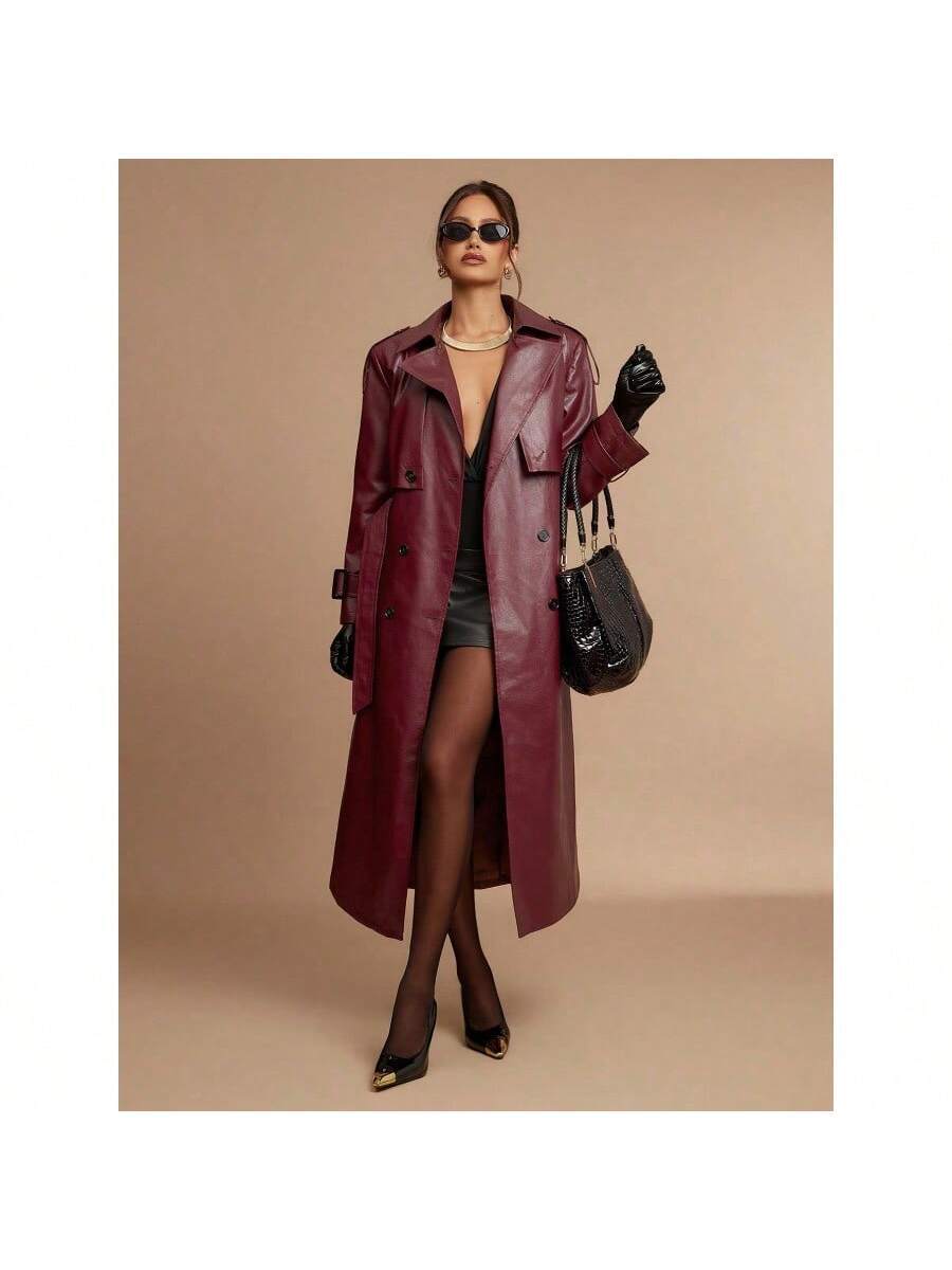 Women's Coffee Brown Casual Long Sleeve Button Collar Long Trench Coat High Quality Coat - Allen-Fitness