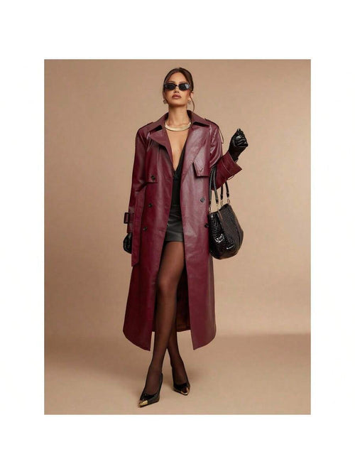 Women's Coffee Brown Casual Long Sleeve Button Collar Long Trench Coat High Quality Coat